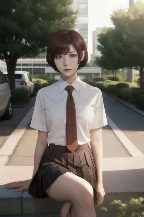 1woman, short hair, asymmetric hair, hime cut, white collared shirt, black pleated skirt, necktie, mira_yoo, short hair, brown eyes, brown hair, she is sitting at brick wall, water flooe, tree canopy, sunlit, weak lights and shadows