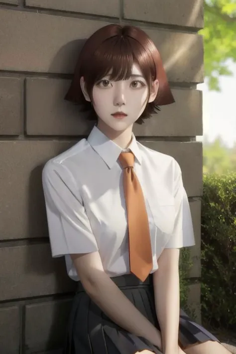 1woman, short hair, asymmetric hair, hime cut, white collared shirt, black pleated skirt, necktie, mira_yoo, short hair, brown eyes, brown hair,  white collared shirt, black pleated skirt, she is sitting at brick wall, water flooe, tree canopy, sunlit, weak lights and shadows