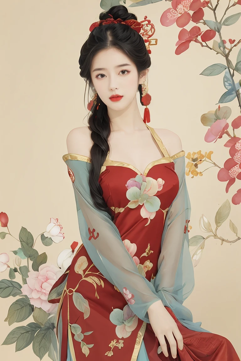 1fille,cheveux longs,seulement,robe colorée,ornement de cheveux,bijoux,fleur colorée,fleur de cheveux,(robe chinoise longueANDrouge:1.5),Hanfu,holding,seins,manches bouffantes,cheveux bruns,regarder le spectateur,cheveux noirs,lèvres,yeux marrons,découpe d&#39;épaule,cheveux ondulés,parted lèvres,d&#39;abord,peindre l&#39;arrière-plan avec des couleurs vives,(fleur colorée background:1.5),Coloré et beau,ceinture,la peinture à l&#39;aquarelle,