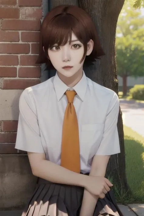 1woman, short hair, asymmetric hair, hime cut, white collared shirt, black pleated skirt, necktie, mira_yoo, short hair, brown eyes, brown hair, she is sitting at brick wall, water flooe, tree canopy, sunlit, weak lights and shadows