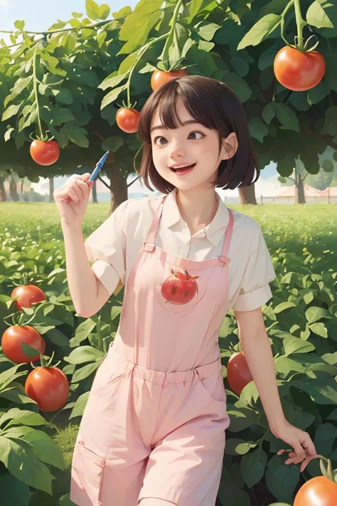 (tomato girl),(very_softly draw:1.5 , very_carefully drawing:1.5),(masterpiece , best_quality ),( Tomato farm background , Tomat...