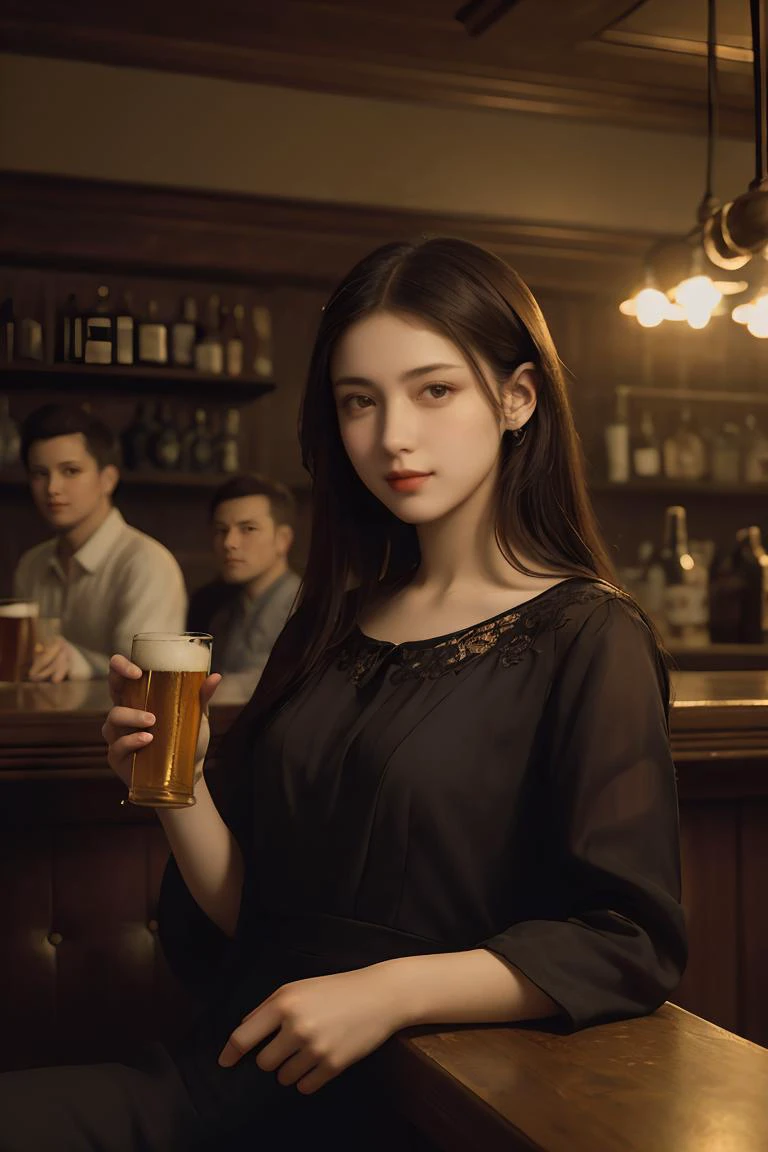 painted portrait of Mnlsa,a woman sitting at a crowded bar,holding a beer bottle,lots of single men,looking at the camera,antique colors,(masterpiece:1.1),(best quality:1.1),beautiful,(intricate details),unity 8k wallpaper,ultra detailed,aesthetic,perfect lighting,