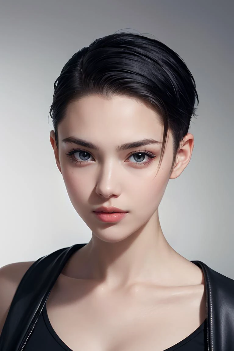 natural skin,(close-up:1.0) photo of (CR-NataliaVodianova-frankyfrank2k:0.9) as (young:1.0) woman, (oiled skin:1.0), (tilted angle shot:1.0), (slick undercut hair:1.2), (8k uhd:1.0), (best quality:1.0), (masterpiece:1.0), (sharp focus:1.0), (basic grey backdrop:1.0), 