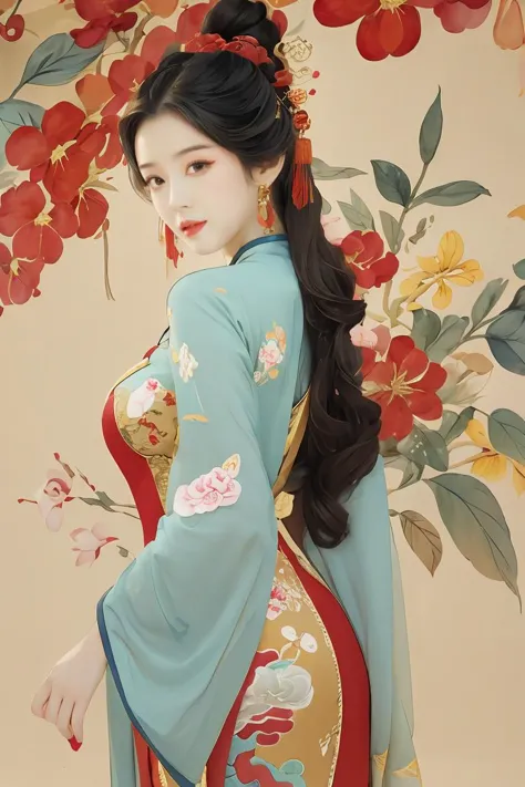 1girl,long hair,solo,colorful dress,hair ornament,jewelry,colorful flower,hair flower,(longANDred chinese dress:1.5),hanfu,holding,breasts,puffy sleeves,brown hair,looking at viewer,black hair,lips,brown eyes,shoulder cutout,wavy hair,parted lips,first,paint the background with vibrant colors,(colorful flower background:1.5),colorful and beautiful,waistband,watercolor painting,