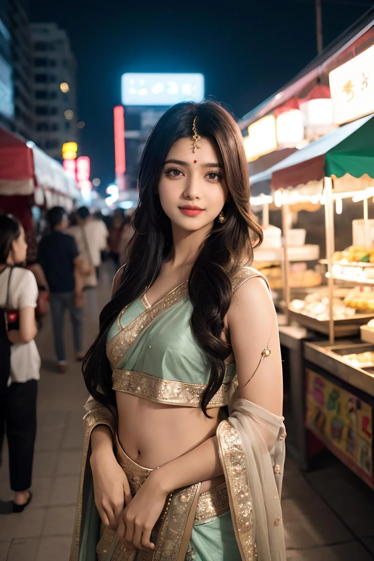 24-28 Years Old bollywood indian ふemale ふashion mode,茶色い肌,サリーを着た,Happy expression on ふace,夜市で,バックライト,非常に現実的,8k,非常識な詳細,複雑なディテール,映画のようなカラーグレーディング,カラーグレーディング,Editorial 写真,写真,sharp ふocus,60mmレンズで撮影,ISO300,ふ/4,1/200番目,