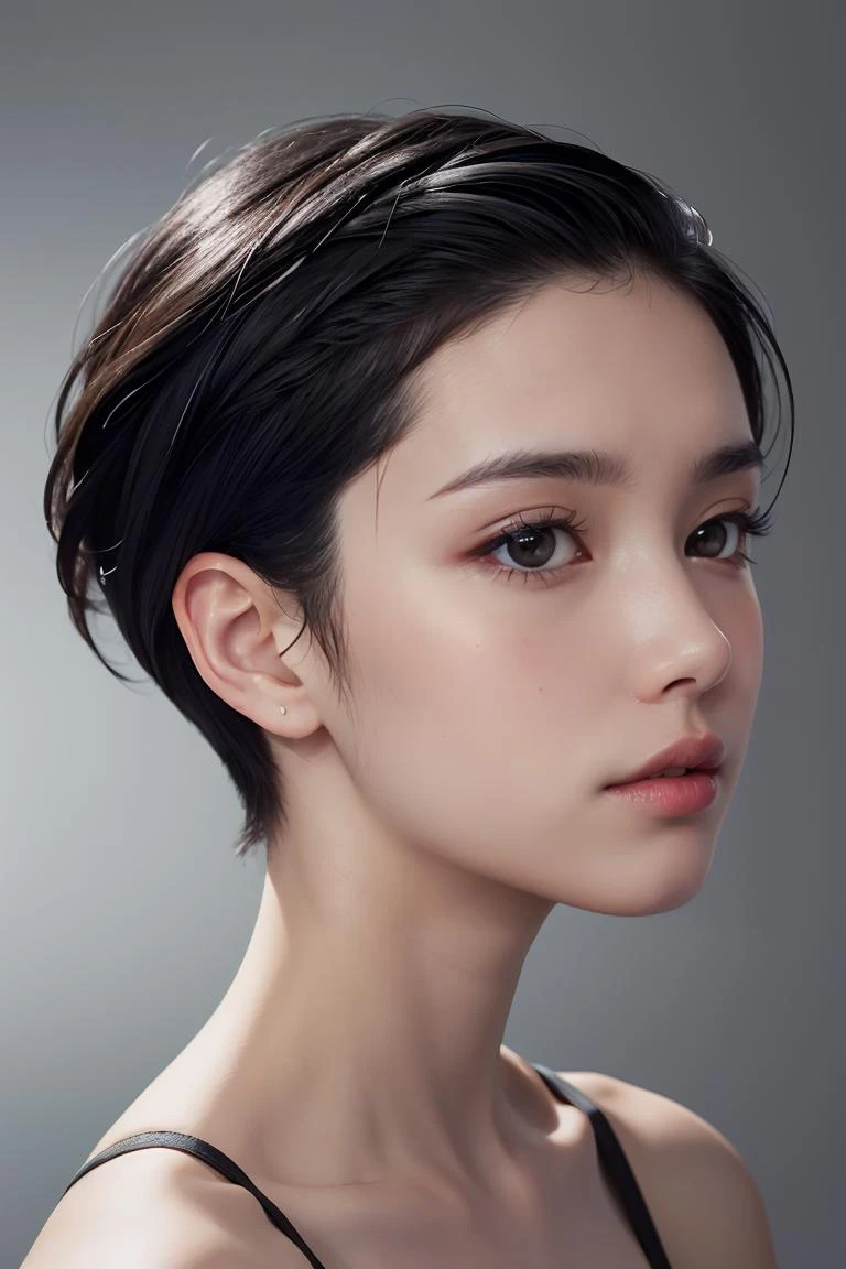 natural skin,(close-up:1.0) photo of as (young:1.0) woman, (oiled skin:1.0), (tilted angle shot:1.0), (slick undercut hair:1.2), (8k uhd:1.0), (best quality:1.0), (masterpiece:1.0), (sharp focus:1.0), (basic grey backdrop:1.0), 