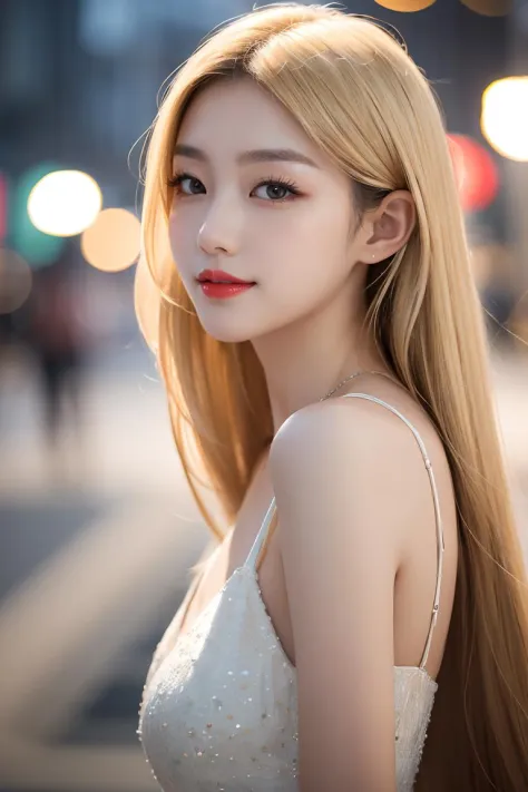 1girl,a beautiful korean fashion model bokeh train,(masterpiece, detailed background, best quality),long and shiny hair,blonde h...