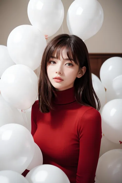 real human skin,RAW photo, fashion portrait photo of beautiful young woman from the 60s wearing a red turtleneck standing in the middle of a ton of white balloons,taken on a hasselblad medium format camera,film grain,Fujifilm XT3,