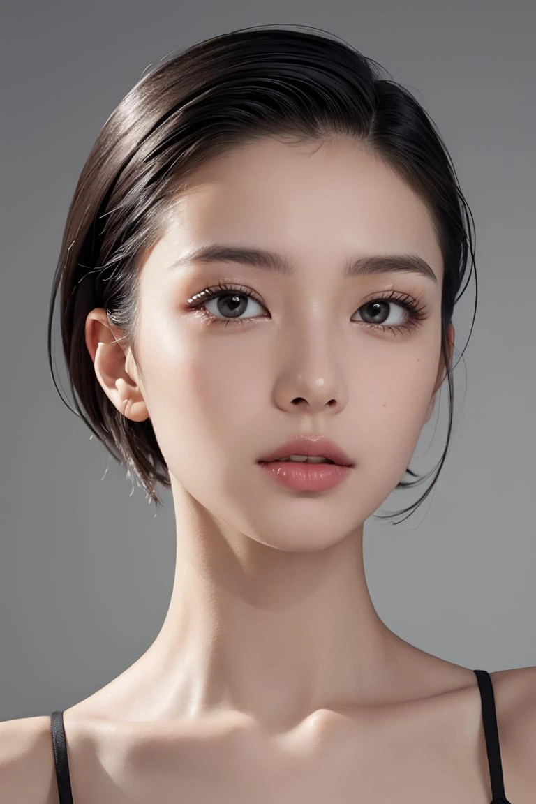 natural skin,(close-up:1.0) photo of as (young:1.0) woman, (oiled skin:1.0), (tilted angle shot:1.0), (slick undercut hair:1.2), (8k uhd:1.0), (best quality:1.0), (masterpiece:1.0), (sharp focus:1.0), (basic grey backdrop:1.0), 