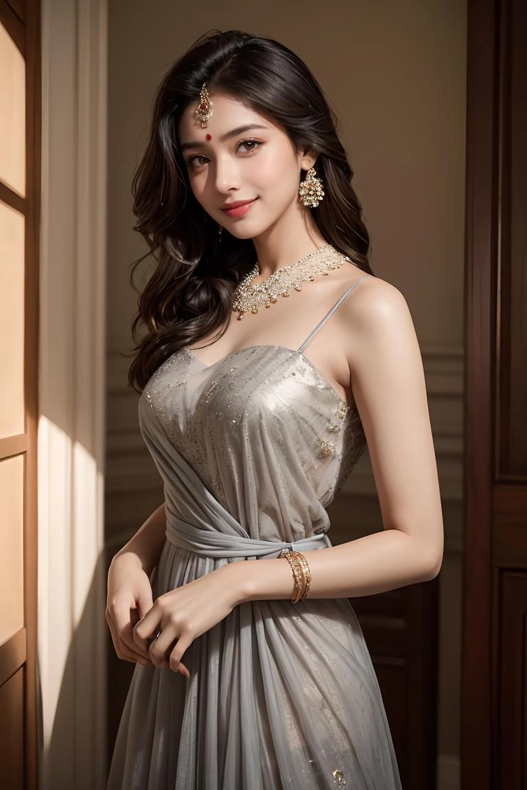 natural skin,(masterpiece, best quality:1.3),realistic,dramatic cinematic light,Renaissance,cluttered room,portrait of a beautiful (Indian woman:1.2) wearing a armored dress,grey dress,detailed skin imperfections,smile of a disney princess,film grain,Fujifilm XT3