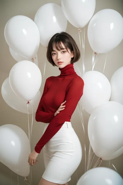 real human skin,RAW photo, fashion portrait photo of beautiful young woman from the 60s wearing a red turtleneck standing in the...