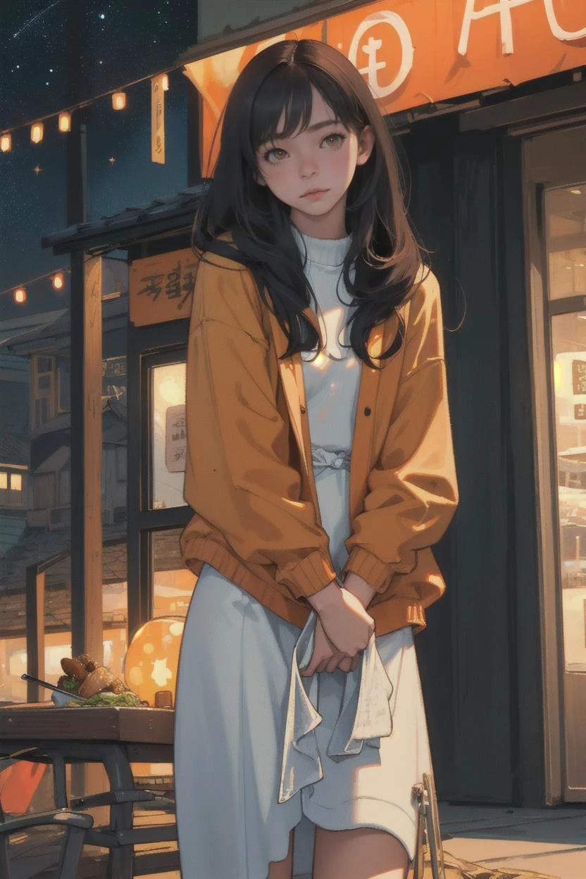 (masterpiece, best quality), realistic, cozy, night, warm, orange, looking at viewer, galaxy, beautiful clothes, scenery, background, restaurant, 1girl, detailed,