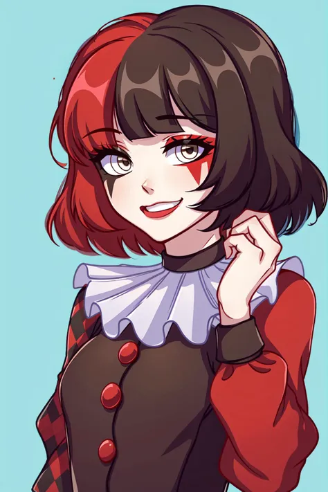 Muff, ((multicolored hair, red and black hair)1.3), short hair, smile, grey eyes, jester costume