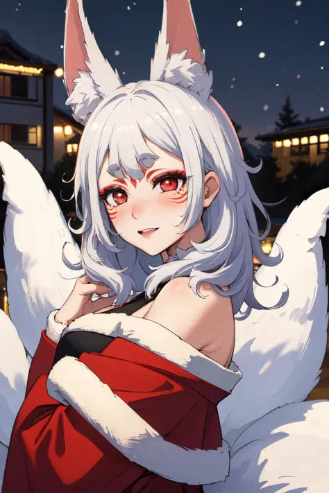 anime girl with white hair and red dress with white ears