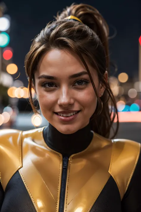 ktpryde,brown eyes, brown hair, ponytail, bodysuit, looking at viewer, smiling, close up face shot, outside, cityscape, night, bokeh, high quality, masterpiece  <lora:kitty:.8>