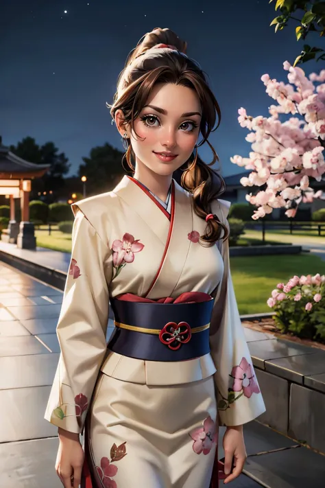 ktpryde,brown eyes, brown hair, ponytail, traditional kimono, sash, long sleeves, looking at viewer, serious, smiling, standing, outside, garden, cherry blossom, night time,  high quality, masterpiece <lora:kitty:.8>