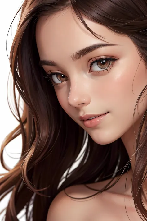 (nude:1.4), official art, masterpiece, best quality, unity 8k wallpaper, photorealistic, ultra detailed, extremely detailed, elegant, beautiful, aesthetic, romanticism, 1girl, beauty, small face, smile, pale skin, (brown eyes), black long hair, (hair blowing in the wind), ((detailed long hair)), front shot, (close up:1.6), face focus, (white background:1.4),  <lora:FilmG3:0.2>