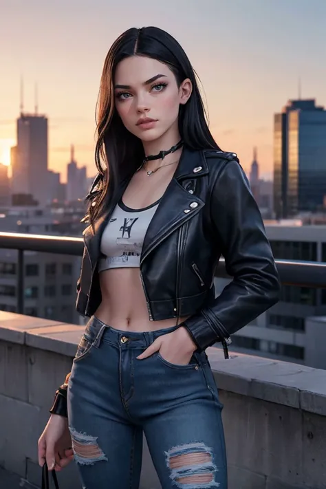 a woman in a black leather jacket and jeans posing for a picture