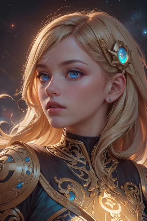 a woman with blonde hair and blue eyes in a gold armor