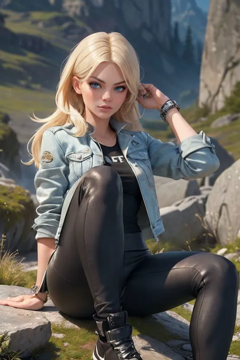 arafed blonde woman sitting on a rock with a denim jacket