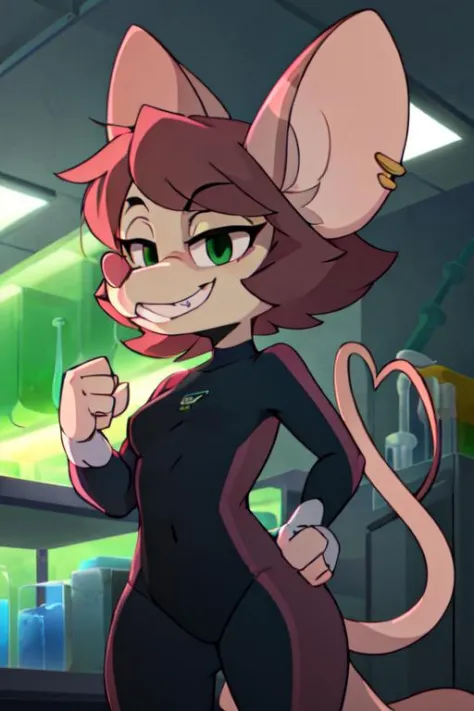 1girl, (anthro furry:1.4), SDJuliaMouse, (mouse, snout, buckteeth, ear piercing, notched ear), (bodysuit, evil grin, constricted pupils, fist,  green eyeshadow), (standing, laboratory), (by wildblur), ((best quality:1.4), highres, crisp clean), <lora:Julia...