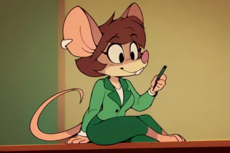 1girl, (anthro furry:1.4), SDJuliaMouse, (mouse, snout, buckteeth, ear piercing, notched ear), (green pencil skirt, green jacket, blouse), (sitting, oval office, desk, holding pen), (by wildblur), ((best quality:1.4), highres, crisp clean), <lora:Julia_-_P...