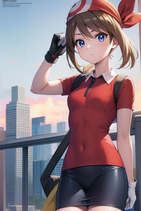 pokemonmay, pokemonmay, blue eyes, brown hair, bandana, long hair, red bandana, twintails, hair between eyes, (small breasts:1.2),
BREAK bike shorts, collared shirt, gloves, microskirt, multicolored shirt, pencil skirt, red shirt, shirt, short sleeves, skirt, white skirt,
BREAK looking at viewer, upper body, full body,
BREAK outdoors, city, sky, sun,
BREAK (masterpiece:1.2), best quality, high resolution, unity 8k wallpaper, (illustration:0.8), (beautiful detailed eyes:1.6), extremely detailed face, perfect lighting, extremely detailed CG, (perfect hands, perfect anatomy),