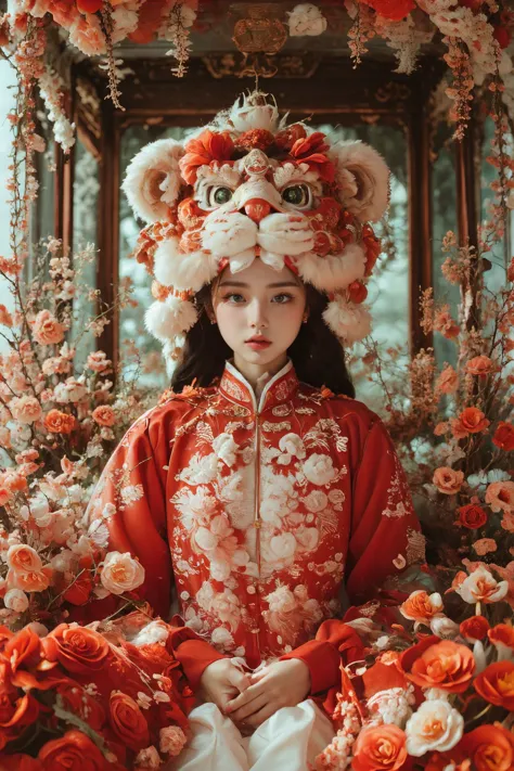 a woman in a red dress and a white hat sitting in a bed of flowers