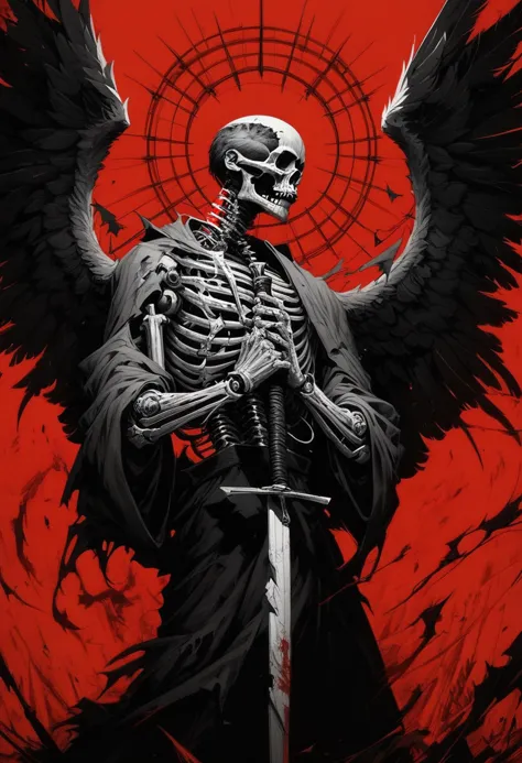 (score_9, score_8_up), score_7_up, zPDXL, solo, 1boy, meditating, monk, no humans, holding large sword, side view, looking at viewer, looking down, glowing, robot, skull, ribs, skeleton, damaged, bone, feathered wings, black and red theme, limited palette, black and red theme, monochrome, greyscale   <lora:GRIM_v1:0.9>