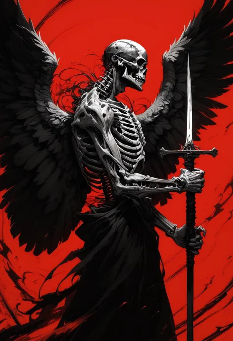 (score_9, score_8_up), score_7_up, zPDXL, solo, 1boy, meditating, monk, no humans, holding large sword, side view, looking at viewer, looking down, glowing, skull, ribs, skeleton, bone, feathered wings, black and red theme, limited palette, black and red theme, monochrome, greyscale   <lora:GRIM_v1:0.9>