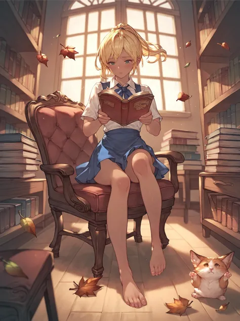 a woman sitting in a chair reading a book in a library