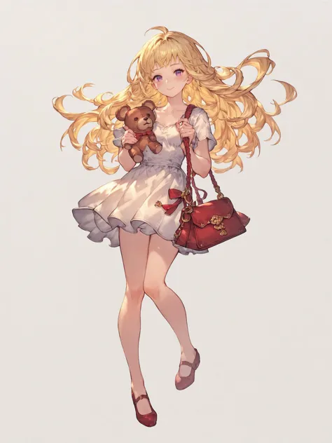 anime girl with blonde hair and a red purse holding a teddy bear