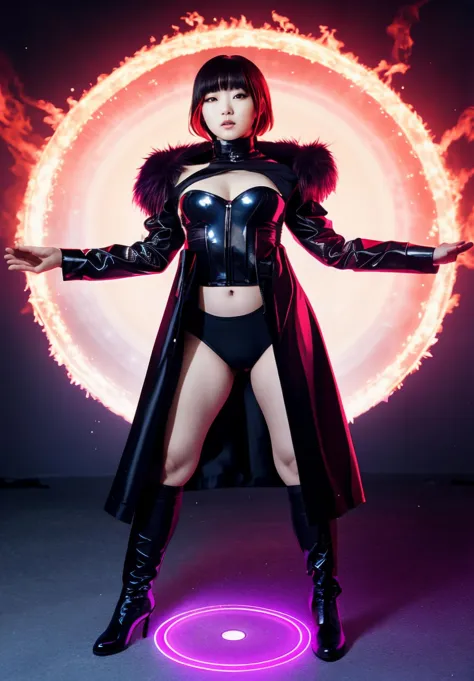 kpop idol,film grain,cinematic film still,Photo of a 20-year-old mysterious female magician with (her hands burning in flames),r/nsfwcosplay,Wearing a sexy cosplay outfit,fantasy,Snow covers the floor,snow,(magic,magic circle), glowing clothes, cyberpunk,S...