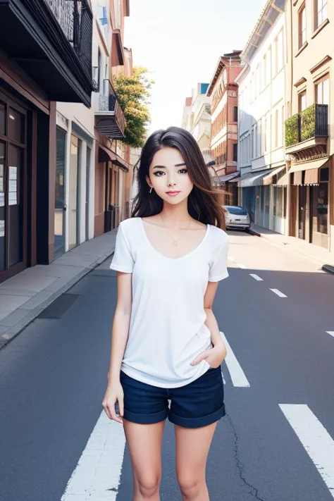(An illustration of a beautiful girl:1.2) and (on a real street background:1.3)