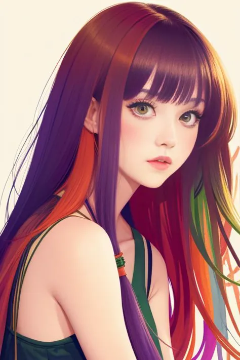 20yo adult 1girl, (illustration:1.3), (best quality), (masterpiece), Pixiv, (Konachan wallpaper), (colorful), best quality, watercolor, brush strokes, mature face, orange + green + purple limited color palette, red eyes, very long hair up, digital illustration background