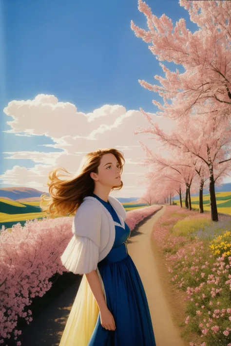 a woman in a blue dress standing on a road next to a field of flowers