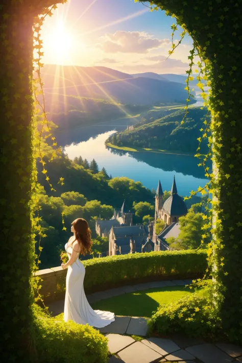 a woman in a white dress standing in a garden looking out over a lake