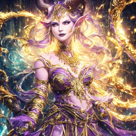 a woman in a purple dress with horns and gold jewelry