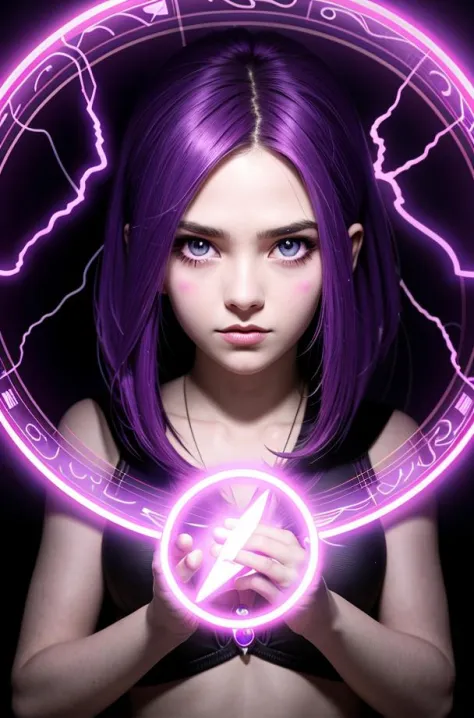 1girl, purple hair, symbol-shaped pupils, goddess of lightning, thunder, glowing, magic circle, backlighting, light particles, light rays, wallpaper,