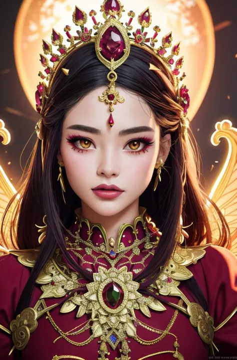 (best quality:1.2), (masterpiece:1.2), (detailed), close-up, person wearing costume, (Behance contest winner:1.2), fantasy art, crown of giant rubies, 3D goddess portrait, style of Ross Tran, captivating lighting, 8k resolution, striking facial expression,...