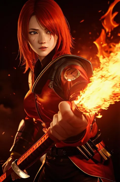 1 girl,red hair, flaming eye, katana, flames, burning houses, glowing, side lighting, wallpaper,(masterpiece:1.2) and (best qual...