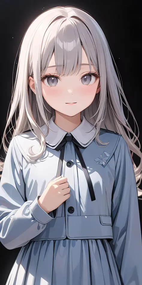 anime girl with long gray hair and blue dress standing in front of a black background