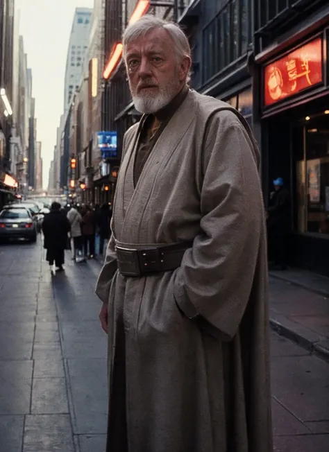 arafed man in a robe standing on a city street