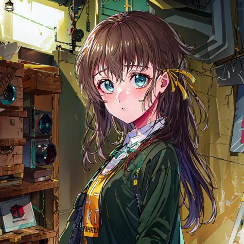 anime girl with long hair and green jacket standing in a room