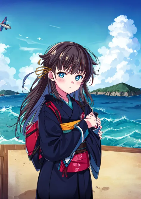 a woman in a kimono outfit standing on a beach next to the ocean