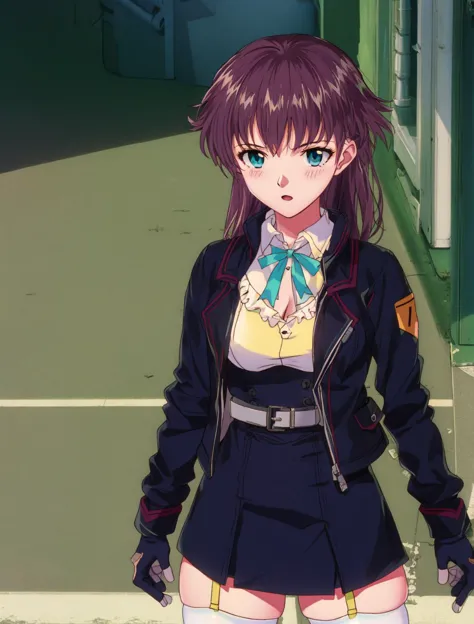 anime girl in uniform standing in a hallway with a green door