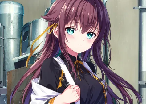 anime girl with long purple hair and blue eyes holding a knife