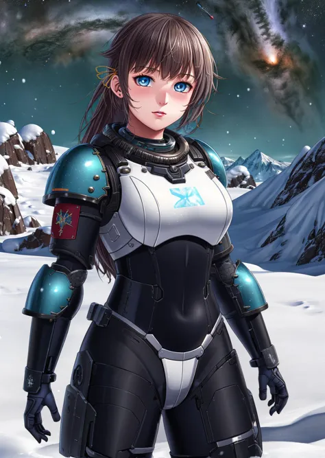 a close up of a person in a sci - fiction outfit in the snow