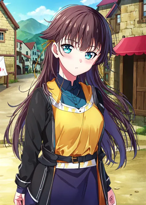 masterpiece, best quality
<lora:kana_kashiwazaki-000008:0.7>
1girl ,(solo), 
kanakashiwazaki,  aqua eyes, yellow ribbon
(18 years old, 18y.o, young adult)
bliding bangs,
(outdoor clothes,:1.2)
(medieval village:1.2),
"      "