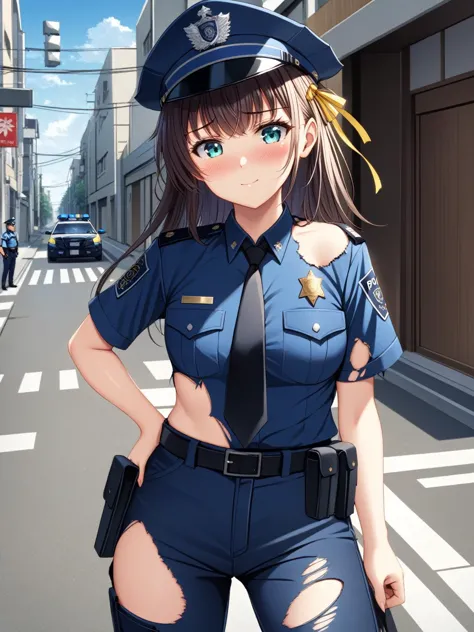 masterpiece , best quality,
 <lora:kana_kashiwazaki-sdxl:0.55> kanakashiwazaki, yellow ribbon, aqua eyes,
1girl,solo
(nervous smile,sad),worried,
torn clothes,  ((blue police uniform)), torn uniform, blue pants, skin,
outdoors, street corner,